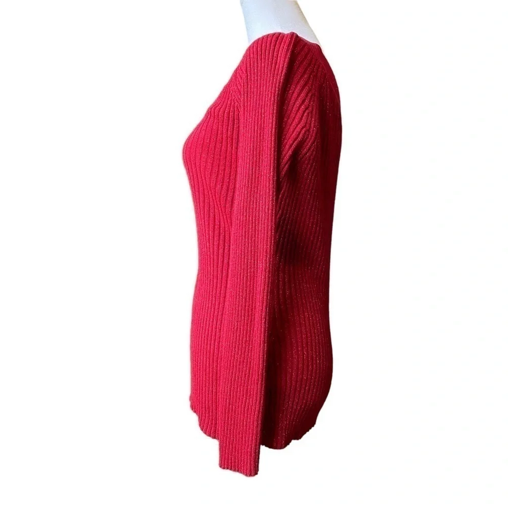 New York & Co woman's M red metallic sheen long sleeve Vneck knit ribbed sweater